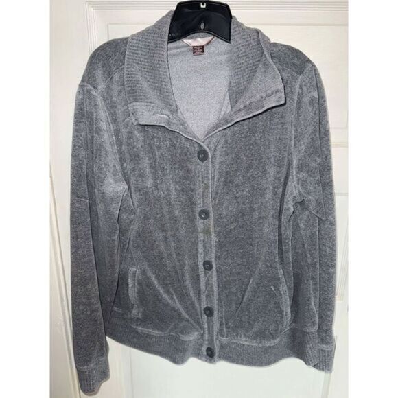 Cozy‎ Grey Velour Button-Up Cardigan Sweater Jacket Casual White Stag Size XXL - Picture 1 of 4